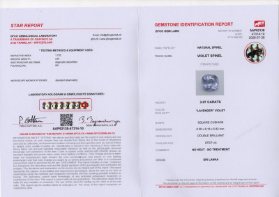 Certificate Violet spinelle  taille coussin 3,07 carats, Tanzanie