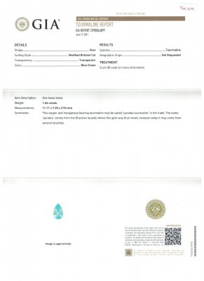 Certificate Paraiba, light blue pear cut 1.66 ct, Mozambique, GIA