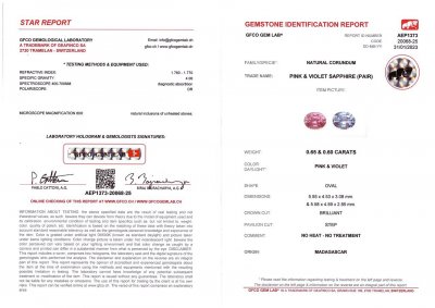 Certificate Paire contrastante de saphirs taille ovale non chauffés 1,25 ct