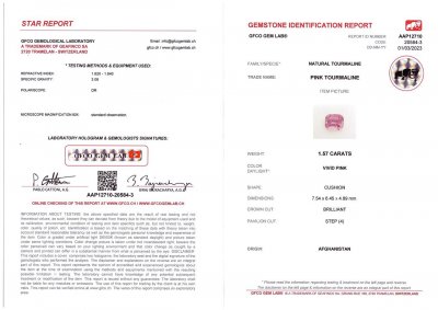 Certificate Cushion cut pink tourmaline 1.57 ct, Afghanistan
