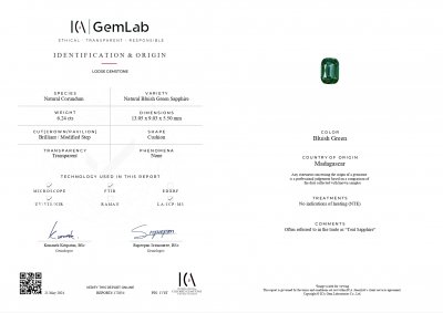 Certificate Zafiro de talla cojín verde azulado sin refinar de 6,24 quilates, Madagascar 
