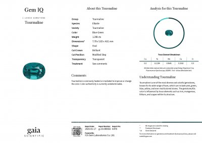 Certificate Tourmaline Lagoon in oval cut 1.30 carats, Afghanistan