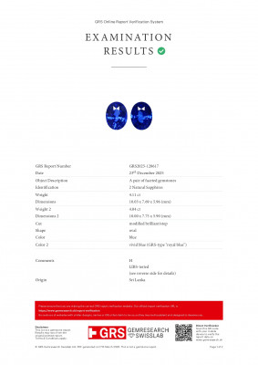 Certificate Pair of sapphires Royal Blue oval cut 8.15 carats, Sri Lanka