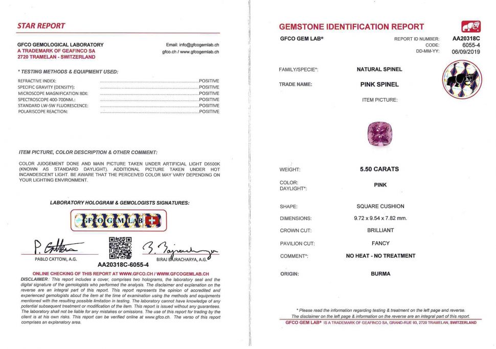Certificate Burmese pink spinel 5.50 ct
