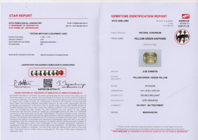 Certificate Unheated gelber grüner saphir im radiant schliff 2,52 karat, Madagaskar