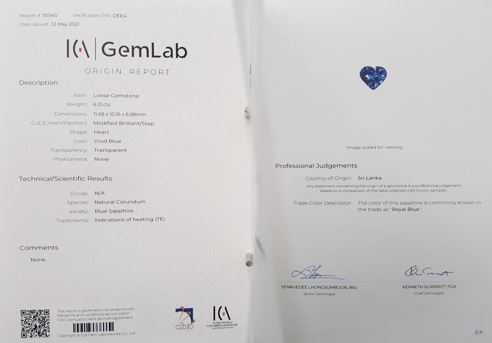 Certificate 6.13ct heart cut Royal Blue sapphire, Sri Lanka