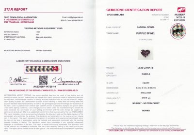 Certificate Intense purple heart cut spinel 2.39 ct, Burma