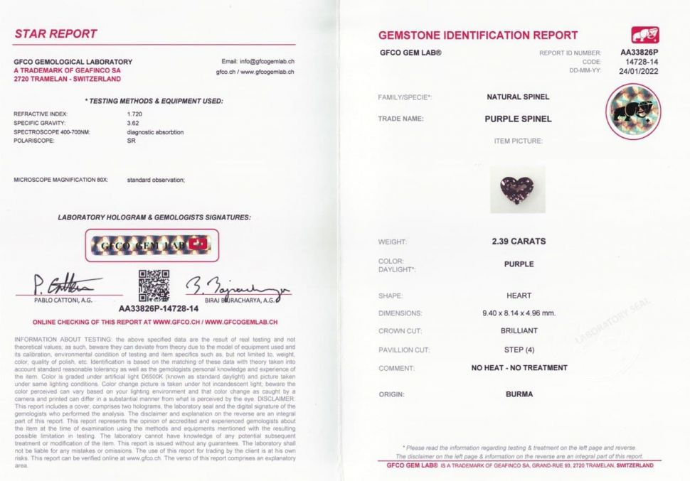 Certificate Intense purple heart-cut spinel 2.39 ct, Burma