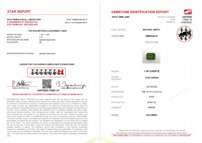 Certificate Vivid Green Emerald octagon cut 1.40 ct Colombia