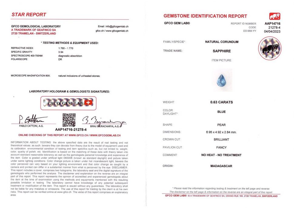 Certificate Blue sapphire 0.63 ct, Madagacar