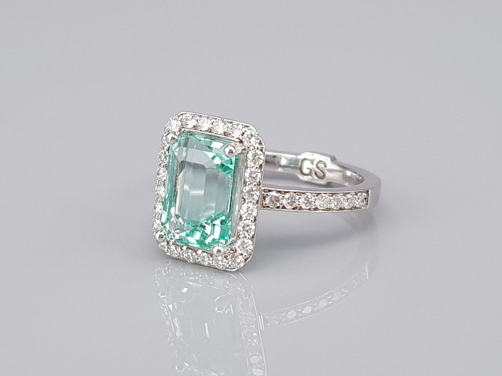 Ring with rare Lagoon 2.84 ct  color emerald and diamonds in 18K white gold Image №4