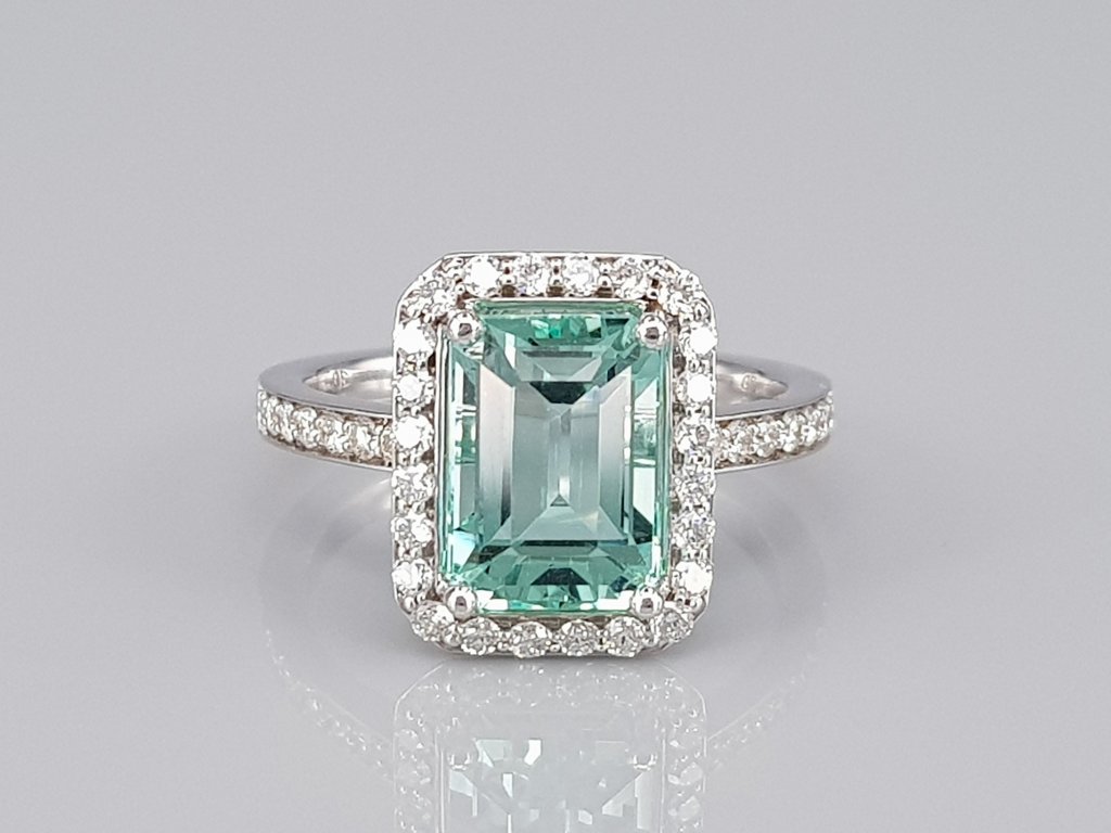 Ring with rare Lagoon 2.84 ct  color emerald and diamonds in 18K white gold Image №1