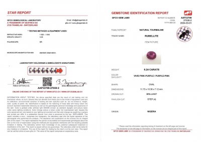 Certificate Rubellite taille ovale rose foncé 5,24 carats