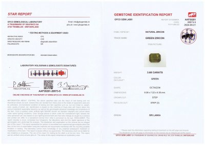 Certificate Satter grüner Zirkon im Achteckschliff, 3,68 Karat, Sri Lanka