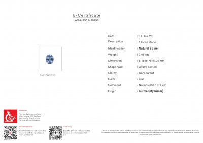 Certificate Spinelle lavande taille ovale 2,05 carats, Birmanie