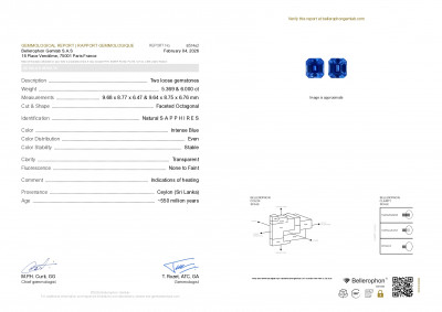 Certificate Paire de saphirs bleu intense taille octogonale de 11,36 carats, Sri Lanka