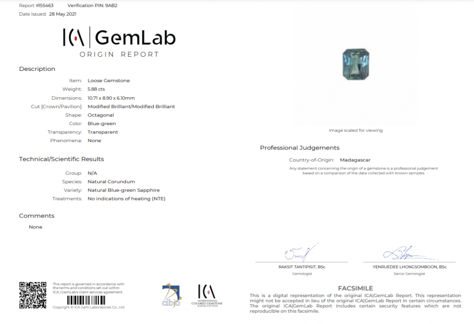 Certificate Unheated Teal sapphire 5.88 ct, Madagascar, ICA
