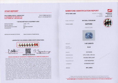 Certificate Radiant cut blue sapphire 1.65 carats, Sri Lanka