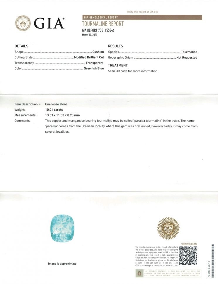 Certificate Bright cushion cut Paraiba tourmaline 10.01 ct, GIA