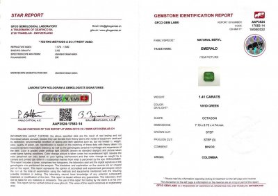 Certificate Colombian emerald octagon shape 1.41 ct