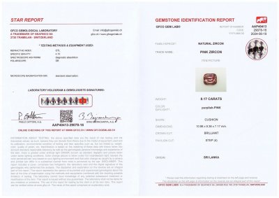 Certificate Zircon taille coussin rose-rouge 8,17 carats, Sri Lanka