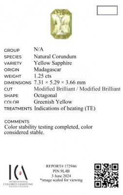 Certificate Grünlich gelber, strahlend geschliffener Saphir 1,25 Karat, Madagaskar
