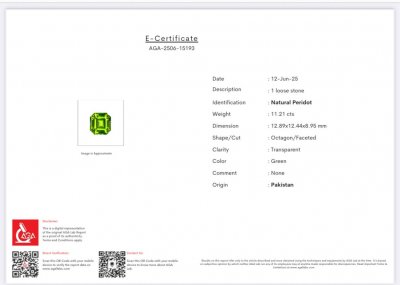 Certificate Peridoto verde de talla octogonal grande de 11,21 carats, Pakistán