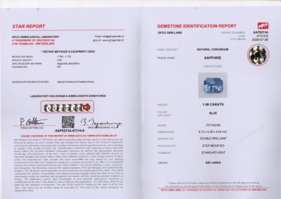 Certificate Blue sapphire radiant cut 1.58 carats,  Sri Lanka