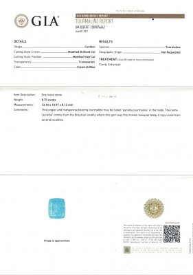 Certificate Top-of-the-line Paraiba tourmaline, 8.75 ct cushion cut, GIA