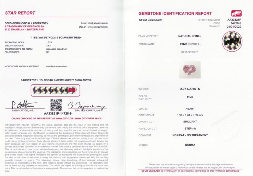 Certificate Heart-cut pink spinel 2.07 ct, Burma