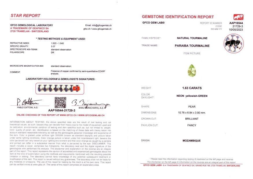 Certificate Pear cut paraiba tourmaline 1.52 ct, Mozambique