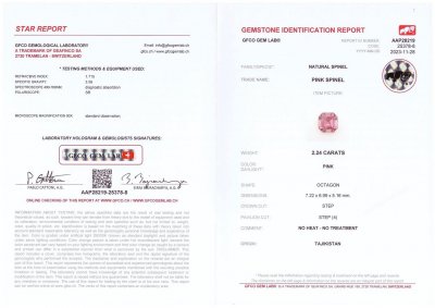 Certificate Espinela rosa talla octogonal de 2,24 quilates de Tayikistán