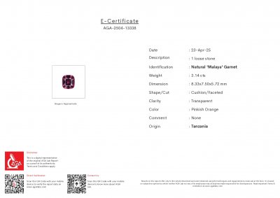 Certificate Grenat rhodolite taille coussin 3,14 carats, Tanzanie