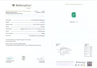 Certificate Tourmaline Lagoon taille coussin, 3,01 carats, Afghanistan