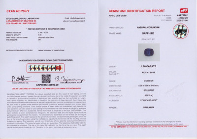 Certificate Sapphire Royal Blue cushion cut 1.20 carats, Sri Lanka 