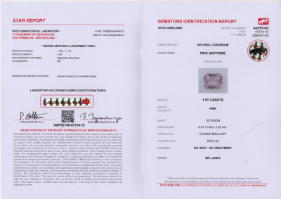 Certificate Unheated pink sapphire in octagon 1.51 carats, Sri Lanka