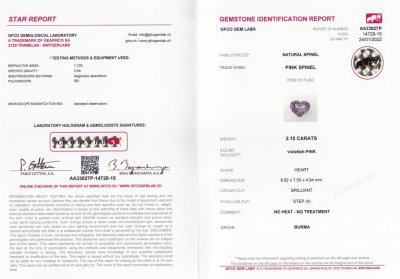 Certificate Pinkish purple spinel in heart shape 2.15 ct, Burma