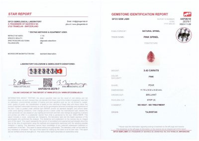 Certificate Tiefrosa Spinell im Birnenschliff 3,42 Karat, Tadschikistan