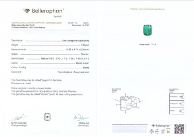 Certificate Tourmaline Lagoon cushion cut 7.49 carats, Afghanistan