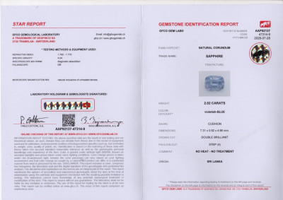 Certificate Unbehandelter violettblauer saphir im cushion schliff 2,02 karat, Sri Lanka