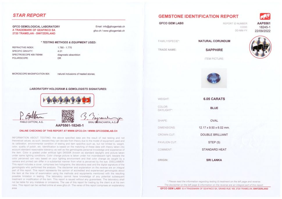 Certificate Oval-cut sapphire from Sri Lanka 6.05 ct