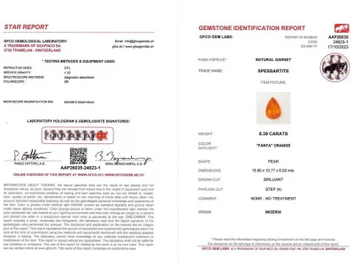 Certificate Spessartine Fanta color in pear cut 8.39 carats, Nigeria