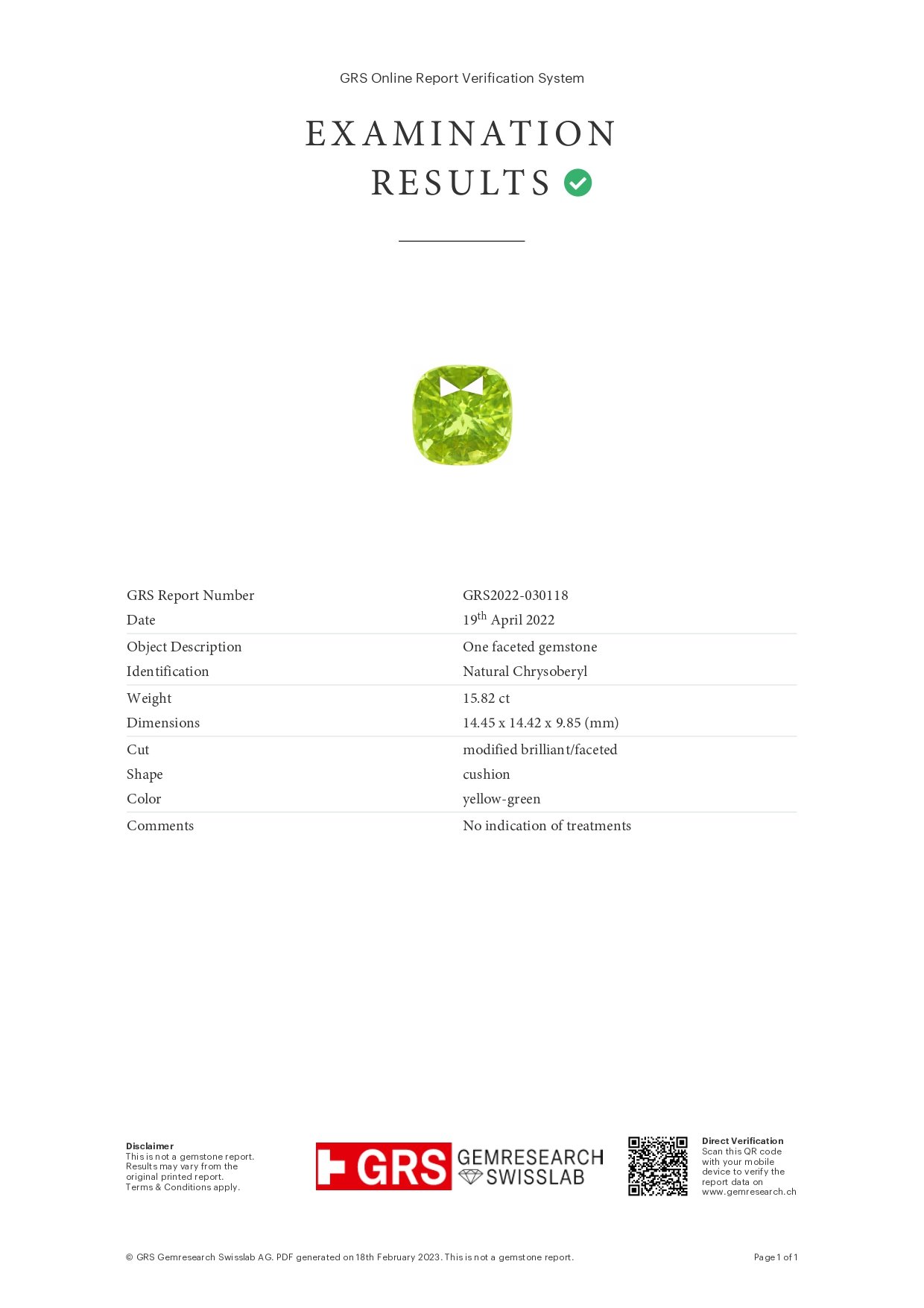 Crisoberilo amarillo talla cojín 15,82 quilates Image №5