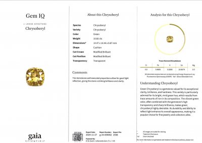 Certificate Crisoberilo amarillo talla cojín 15,82 quilates
