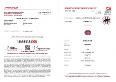Certificate Rhodolith-granat oval geschliffener, leuchtend rosa 6,35 karat,Tansania