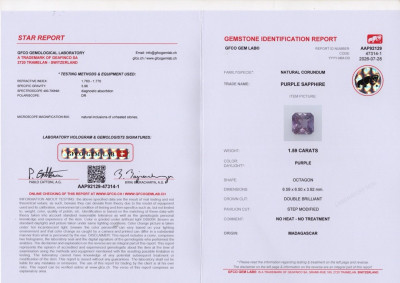 Certificate Ungeheizter violetter saphir im radiantschliff 1,59 karats, Madagascar