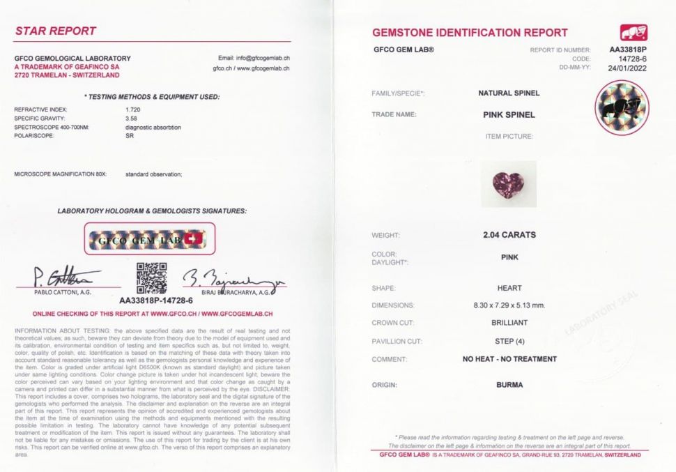 Certificate Purple-pink heart cut spinel 2.04 ct, Burma