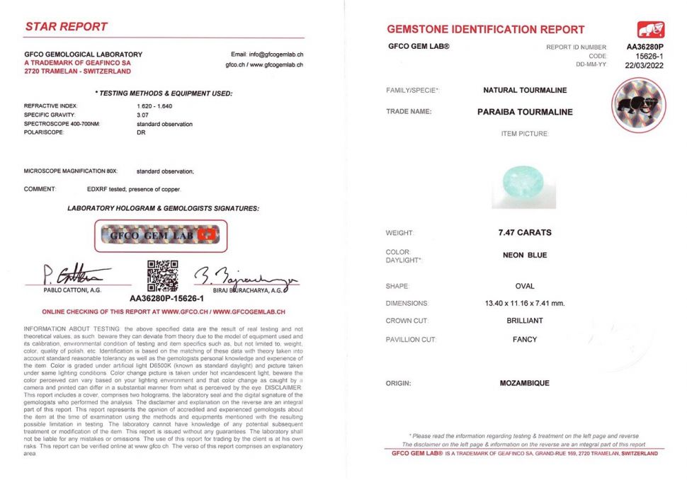 Certificate Paraiba oval cut 7.47 ct, Mozambique