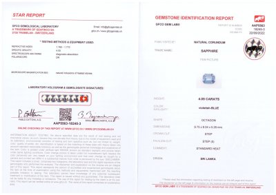Certificate Violet-blue octagon cut sapphire 4.05 ct, Sri Lanka