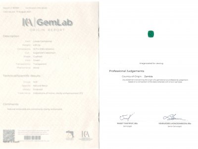 Certificate Zambian emerald sugarloaf cut 4.81 carats